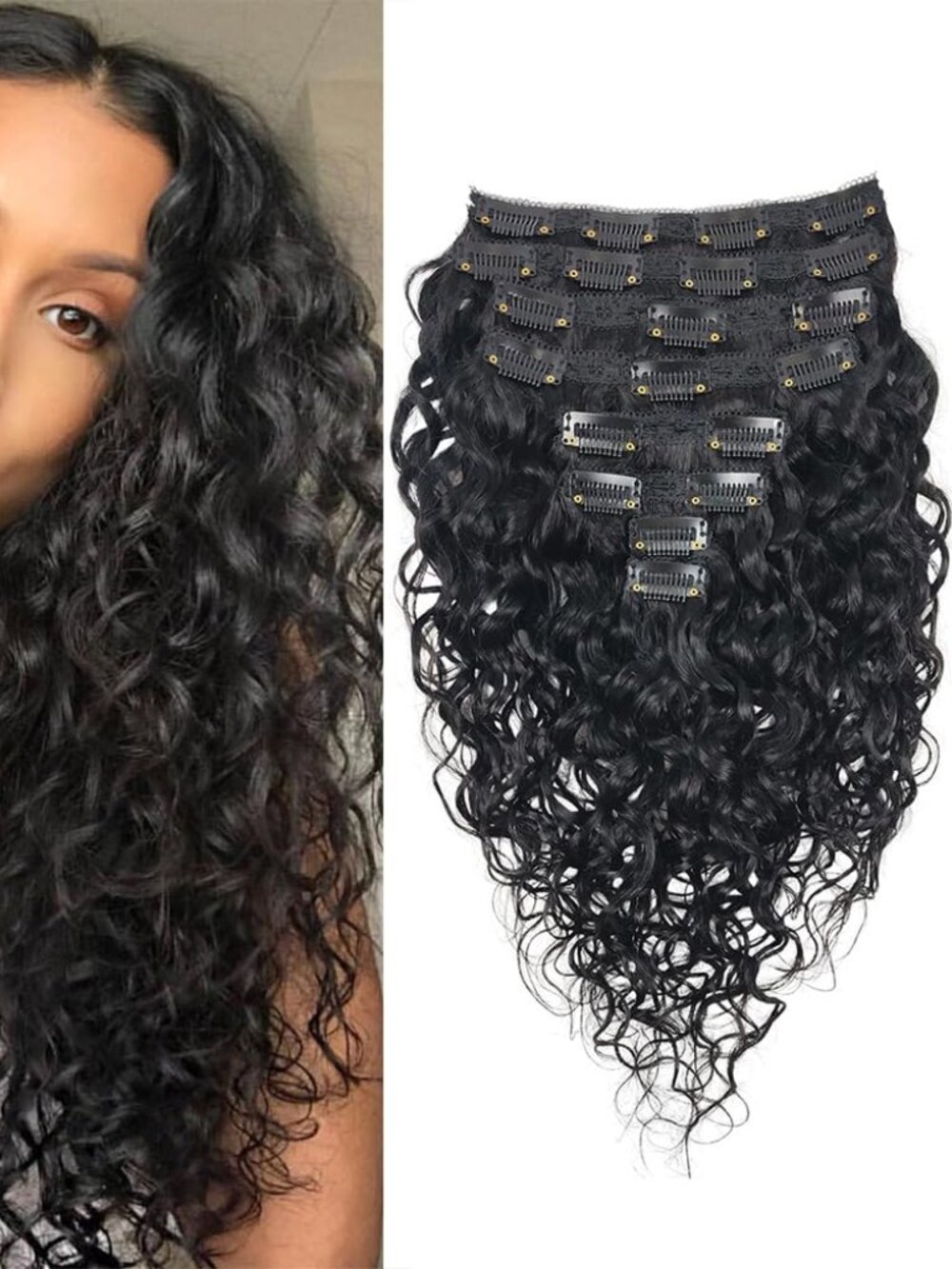 Saisifen 22" Human Hair Curly Water Wave Clip In Extensions 8 Pcs Ntl Black 120g